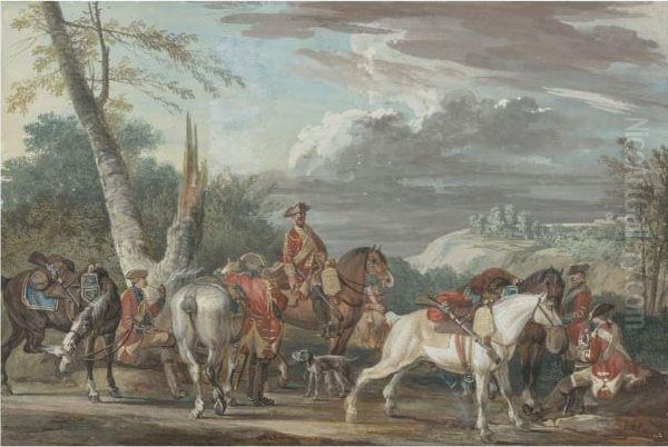 Cavalry Party At Rest At The Side Of A Road Oil Painting by Jean-Baptiste Le Paon