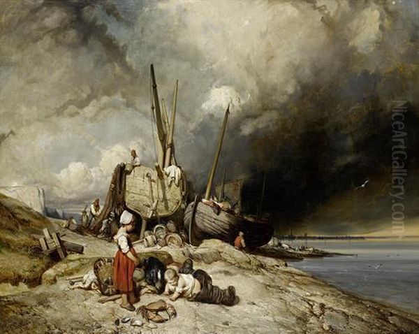 Fishermen And Boats On The Normandy Coast With Children In The Foreground Oil Painting by Eugene Lepoittevin