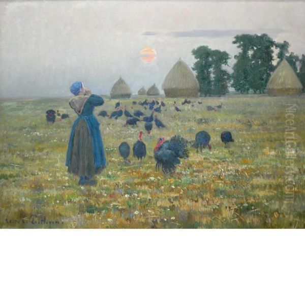 Farm Woman Calling The Turkeys Oil Painting by Louis Le Poittevin