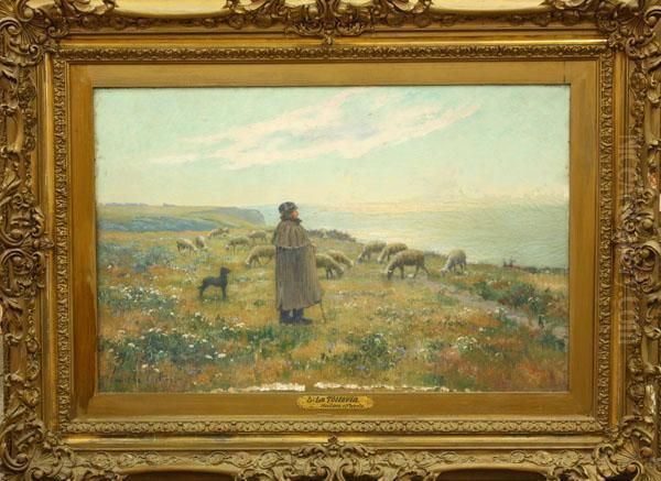 Shepherd And Dog With Herdon Cliff Oil Painting by Louis Le Poittevin