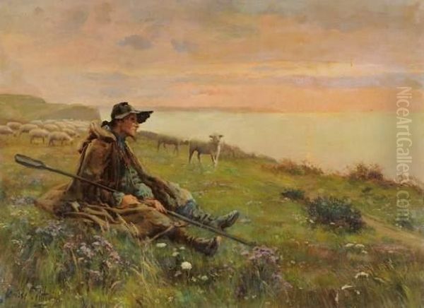 Berger Sur La Falaise Au Coucher Du Soleil Oil Painting by Louis Le Poittevin