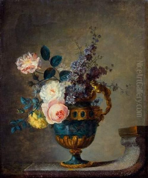 Nature Morte Au Bouquet De Fleurs Dans Un Vase A Monture De Bronze Pose Sur Un Entablement Oil Painting by I.S.J. Le Riche