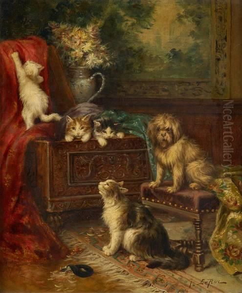 Jeux De Chats Et Chien Oil Painting by Joseph Francois Le Roy