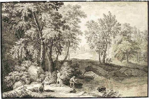 Bathers In A Woody Landscape Oil Painting by Joseph Francois Le Roy