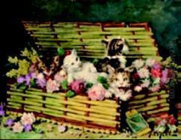 Chatons Dans Un Panier De Fleurs Oil Painting by Jules Le Roy