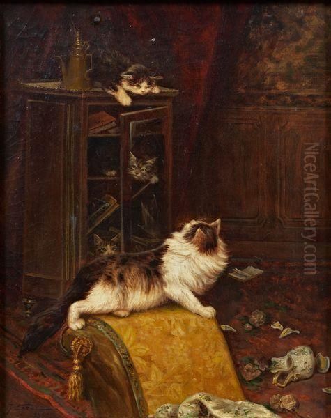 Jeux Desastreux D'une Chatte Et De Ses Chatons Oil Painting by Jules Leroy