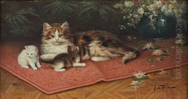 Chatte Et Chatons Sur Un Tapis Oil Painting by Jules Leroy