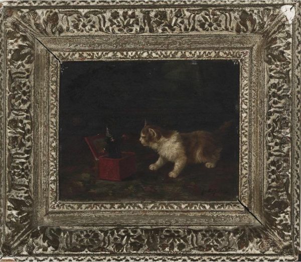 Kitten Surprised By The Jack In The Box Oil Painting by Jules Leroy