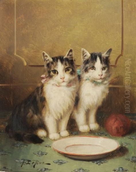 Chatons Devant Une Assiette Oil Painting by Jules Leroy