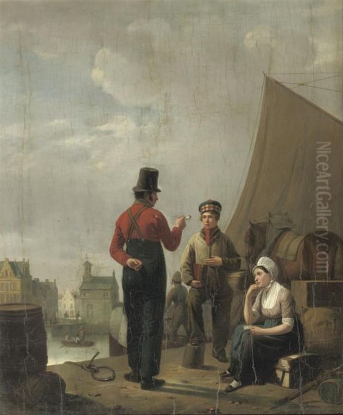 Figures On A Quay In A Town Oil Painting by Pierre Francois Ch. Le Roy