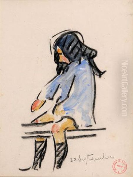 Petite Fille Assise Sur Un Banc Oil Painting by Maurice Le Scouezec