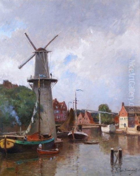 Moulin En Hollande Oil Painting by Gustave Edouard Le Senechal De Kerdreoret