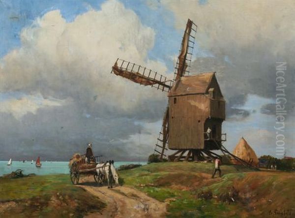 Rustic Landscape With Windmill Oil Painting by Gustave Edouard Le Senechal De Kerdreoret