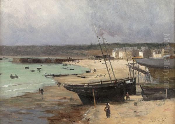 Bord De Mer Anime Oil Painting by Gustave Edouard Le Senechal De Kerdreoret