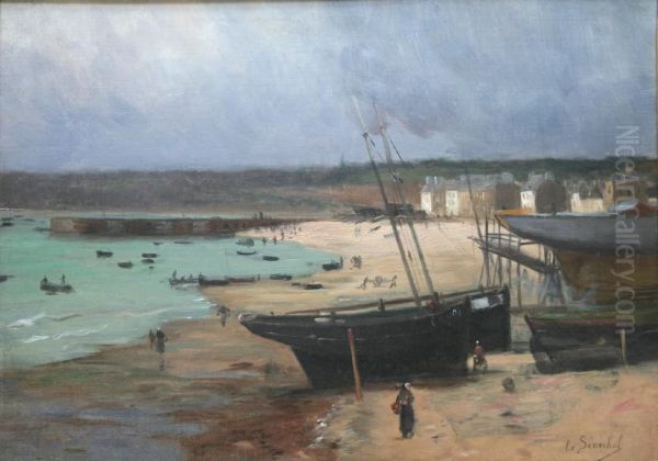 Beached Boats Oil Painting by Gustave Edouard Le Senechal De Kerdreoret