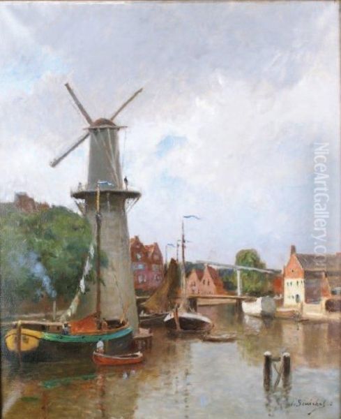 Moulin En Hollande Oil Painting by Gustave Edouard Le Senechal De Kerdreoret