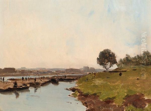 Activity By A Riverbank Oil Painting by Gustave Edouard Le Senechal De Kerdreoret