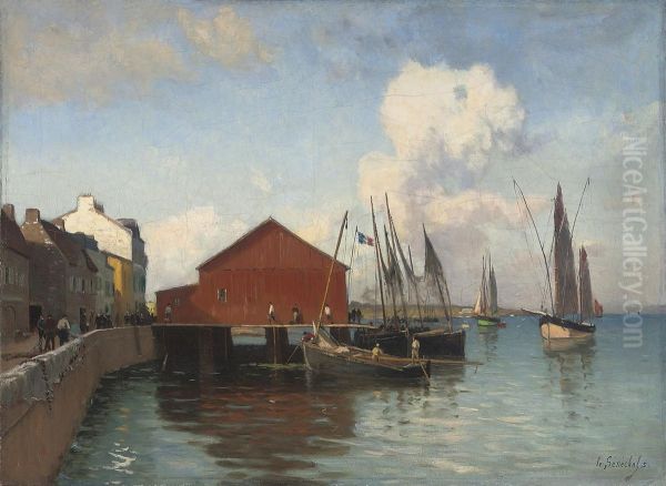 Hanging Nets At A French Quay Oil Painting by Gustave Edouard Le Senechal De Kerdreoret