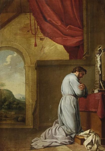 A Monk Meditating Before An Altar Oil Painting by Eustache Le Sueur