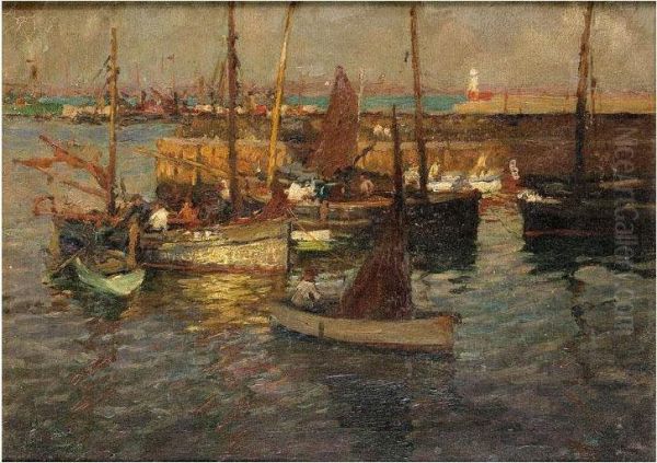 Newlyn Harbour Oil Painting by Benjamin Eastlake Leader