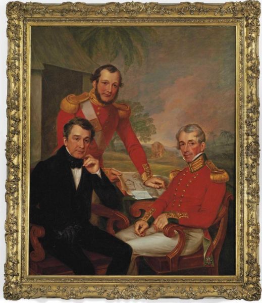 Triple Portrait Of Colonel Sir James Jackson, Major George Lee, And Major General Brice Wakeford Lee, At A Desk In A Landscape, With A Map And A Letter, An Elephant Oil Painting by James Leakey