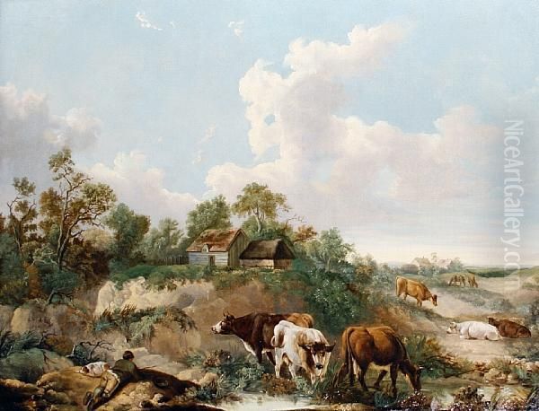 Cattle And Herdsman At Rest Oil Painting by James Leakey