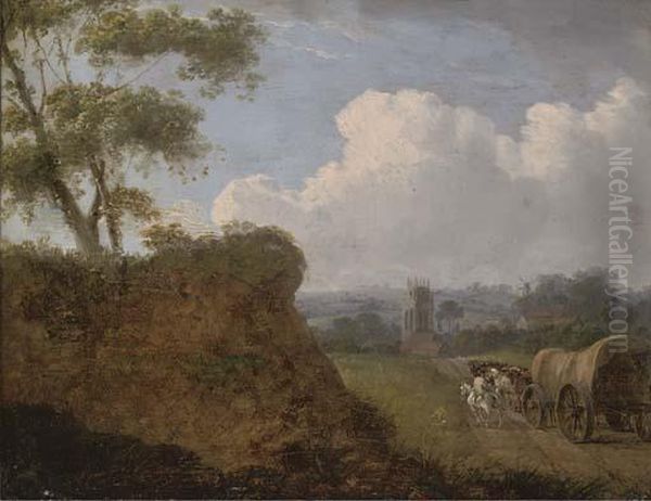 Travellers Approaching A Village Oil Painting by James Leakey