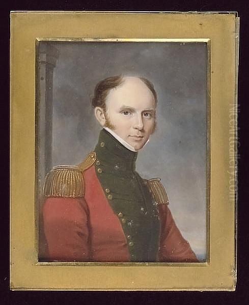 An Officer, Wearing Scarlet Coat With Dark Green Epaulettes And Gold Epaulettes Oil Painting by James Leakey