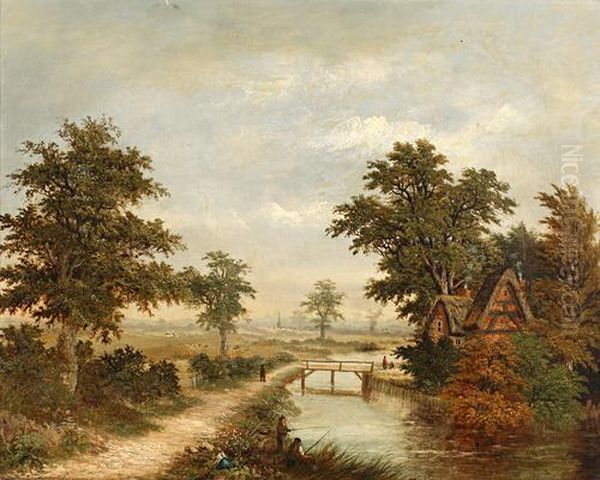 Figures Angling Opposite A Thatched Cottage Oil Painting by Charles Leaver