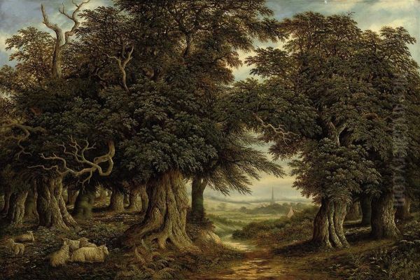 Sheep Resting In A Wooded Landscape, A Church In The Distance Oil Painting by Charles Leaver