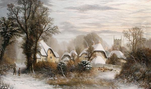 Wintry Village Scene Oil Painting by Charles Leaver