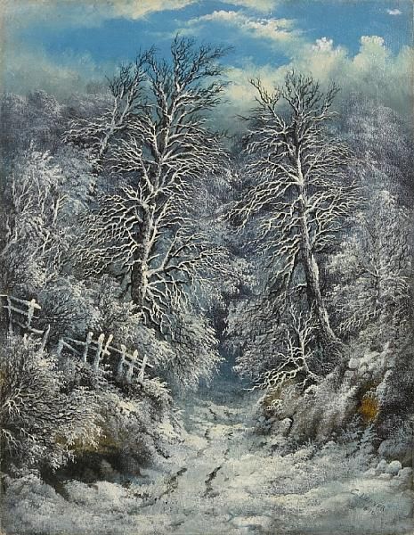 A Snow Covered Forest Oil Painting by Charles Leaver