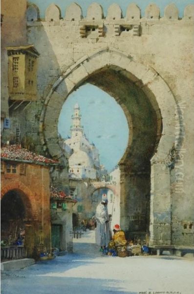 Middle Eastern Town Scene With Archway And Figures 'a Moorish Gateway Oil Painting by Noel Harry Leaver