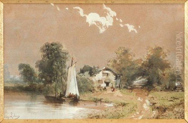 Bateaux Pres D'une Maison Oil Painting by Hippolyte Lebas