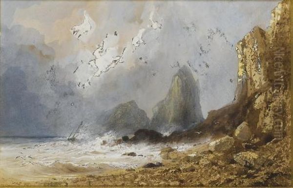 Scene De Tempete Sur Une Cote Avec Des Falaises, Un Bateau A L'horizon Oil Painting by Hippolyte Gabriel Lebas