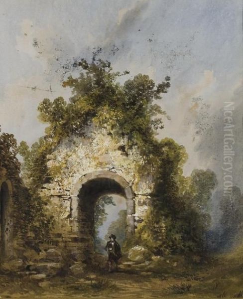 Une Eglise En Ruine Entouree De Vegetation, Un Homme Se Promenant Oil Painting by Hippolyte Gabriel Lebas