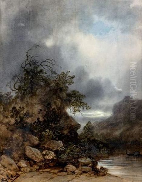 Paysage Orageux Au Bord De L'eau
 Aquarelle Gouachee Sur Trait De Crayon Noir, Lavis Brun Oil Painting by Hippolyte Gabriel Lebas