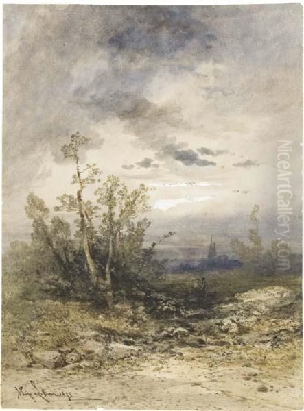 Deux Personnages Dans Un Paysage Au Clair De Lune, Une Eglise A L'arriere-plan Oil Painting by Hippolyte Gabriel Lebas