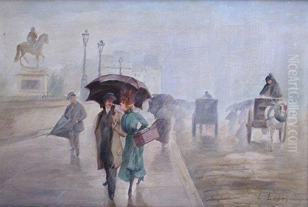 Temps De Pluie Sur Le Pont-neuf A Paris Oil Painting by Leonie Lebas