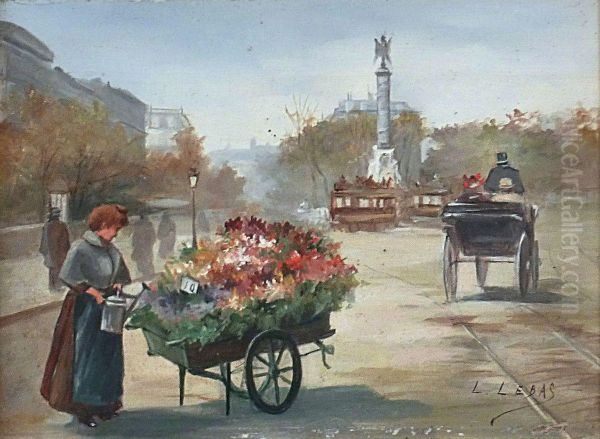 Paris,marchands De Fleurs Et Passants Sous La Pluie Oil Painting by Leonie Lebas