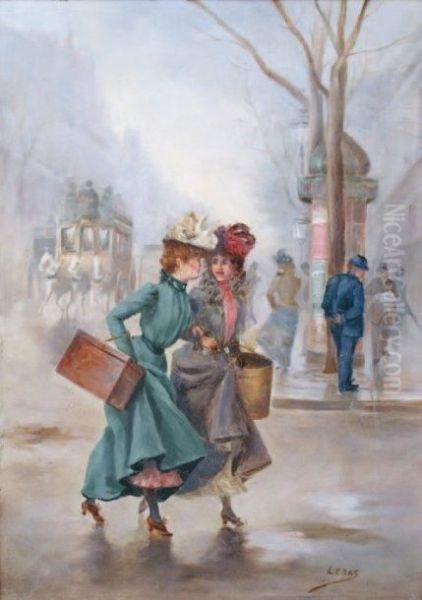 Deux Jeunes Filles Sur Les Grandsboulevards Oil Painting by Leonie Lebas