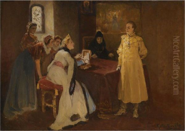 Xenia Godunova And The False Dmitri Oil Painting by Klavdiy Vasilievich Lebedev