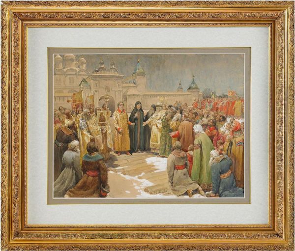 The Election Of Michael Romanov In 1613 Oil Painting by Klavdiy Vasilievich Lebedev