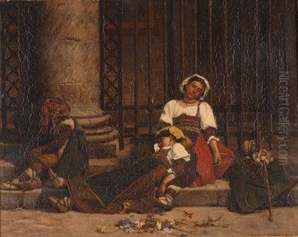 Gypsy Children Asleep On The Steps Of A Church Oil Painting by Edmond Lebel