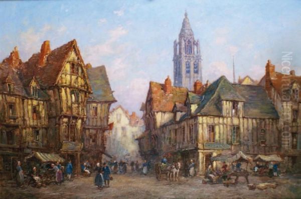 Place Du Marche Animee En Normandie Oil Painting by Pierre Leboeuff