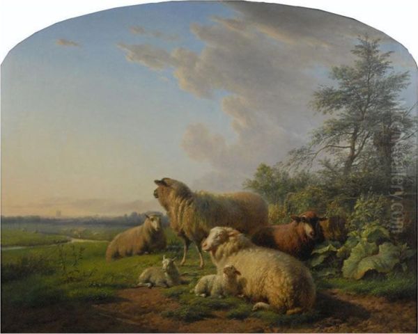 Sheep In Pastoral Landscape At Sunset Oil Painting by Frans Lebret