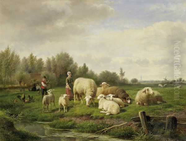 Children With Cattle In The Pasture Oil Painting by Frans Lebret