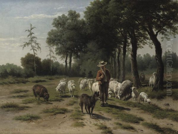 A Shepherd With His Flock On A Forest Path Oil Painting by Frans Lebret