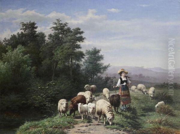 Shepherdess With Sheep On A Country Road Oil Painting by Frans Lebret