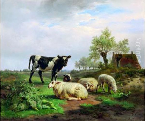 Moutons Et Vache Oil Painting by Frans Lebret